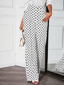 SHEIN SXY Pantalones rectos elegantes con estampado de lunares negros y blancos para mujeres - Blanco y Negro - Ver 6