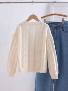 SHEIN Leap Crew Tween 女童休闲针织 V 领长袖刺绣开衫 - 杏色 - 查看 2