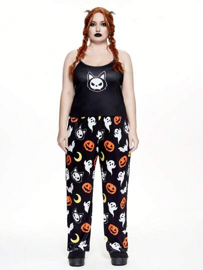 Ensemble de pyjama grande taille pour femmes avec imprimé chat noir, citrouille, fantôme, chauve-souris et lune mignon