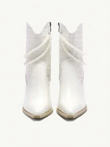 CUCCOO CHICEST Botines de tacón de aguja con punta afilada y cadena de perlas para mujer, otoño/invierno - Beis - Ver 9