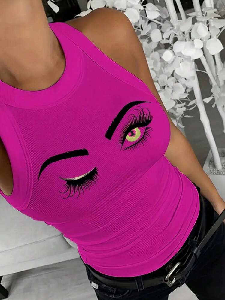 INAWLY Plus Size Women's Eyes Print Round Neck Tank Top Graphic Tees Women Tops - Hot Pink - View 1