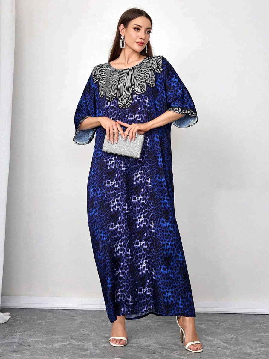 Al Najma Women's Round Neck Sequin Panel Batwing Sleeve Elegant Abaya, Modest Party Maxi Full Length Abayas, For Evening Party/Wedding Guest/Anniversary/Daily - Blue - View 1