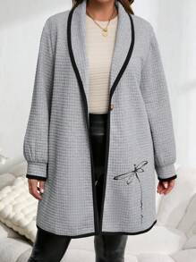 EMERY ROSE Abrigo sencillo y casual de punto con bloqueo de color, cierre con botones delanteros, mangas largas y estampado, talla grande