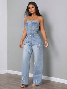 SHEIN SXY 女士休闲水洗牛仔连体裤，带毛边下摆 - 藍色 - 查看 3