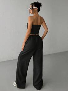 SHEIN EZwear 2 件套女士褶皱抹胸和松紧腰口袋裤套装 - 黑色 - 查看 2