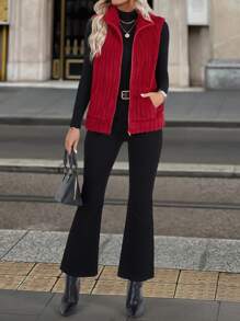 EMERY ROSE Women's Winter Solid Color Zip Closure Casual Vest Jacket For New Year Clothes, Christmas - Red - View 6