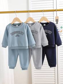 SHEIN 6 Stücke/Set Baby Jungen/Mädchen Lässig set aus Langarm Sweatshirt mit Schriftdruck und Hose mit elastischem Bund, geeignet für Zuhause und Outdoor Tragen im Herbst und Winter
