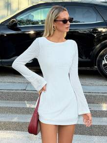 SHEIN EZwear 女士纯色简约日常露背长袖短裙 - 白色 - 查看 4