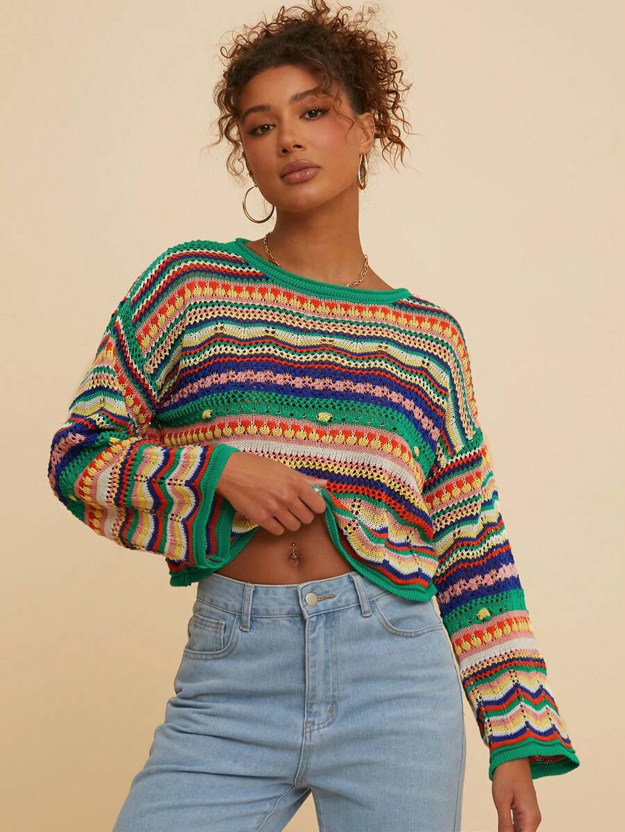 Travachic Women's Color Striped Pattern Crochet Drop Shoulder Long Sleeve Women Sweaters, Fall Women Clothes - Multicolor - View 1