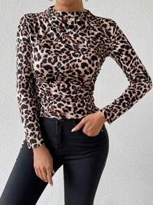 Zolique Leopard Print Ruched Turtleneck Casual Long Sleeve T-Shirt Cheetah Print Tees Women Tops For Spring - Multicolor - View 7