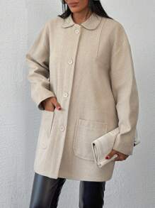 RueChic Cotton Knitted Overcoat Drop Shoulder Double Pocket Coat Easy To Style Perfect For Autumn And Winter - Beige - View 3