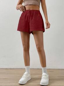 Muchica 女士纯色抽绳腰宽松休闲短裤 - 紅色 - 查看 1