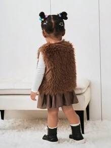 SHEIN 女宝宝秋冬可爱毛茸茸背心开衫针织上衣和松紧腰 PU 褶皱裙子 2 件套 - 棕色 - 查看 2