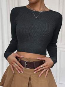 SHEIN Essnce Solid Color Slim Fit Knitted Sweater, Spring/Fall - Dark Grey - View 6