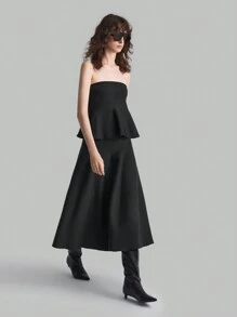 Ontre Bộ 2 món áo crop top không tay viền bèo nhún màu trơn và chân váy dệt kim thanh lịch cho nữ - màu đen - Xem 6