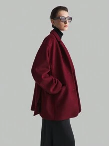 Ontre Spring 2025 New Angora Women Long Sleeve Loose Fit Black Button Decor Red Color Block Outerwear Jacket