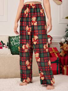 2pcs Teen Girl Christmas Pom Pom Teddy Bear Print Reversible Fuzzy Lounge Pants, Autumn/Winter 2024 - Multicolor - View 5