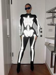 SHEIN ICON 夜光骷髅印花立领连衣裤 - 黑色 - 查看 2