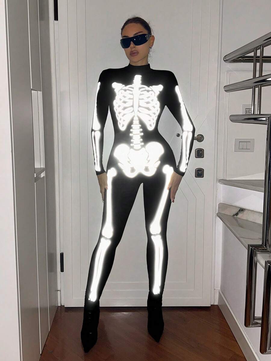 SHEIN ICON 夜光骷髅印花立领连衣裤