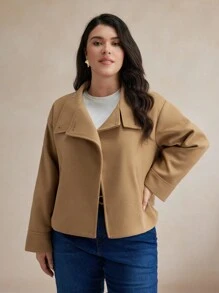 BizChic 大码纯色针织立领长袖夹克秋季女装冬季女装冬季夹克 - 卡其色 - 查看 8