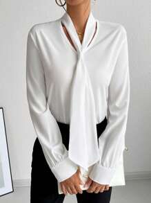 SHEIN Unity Women's Solid Color Tie Neck Long Sleeve Formal Blouse For Work