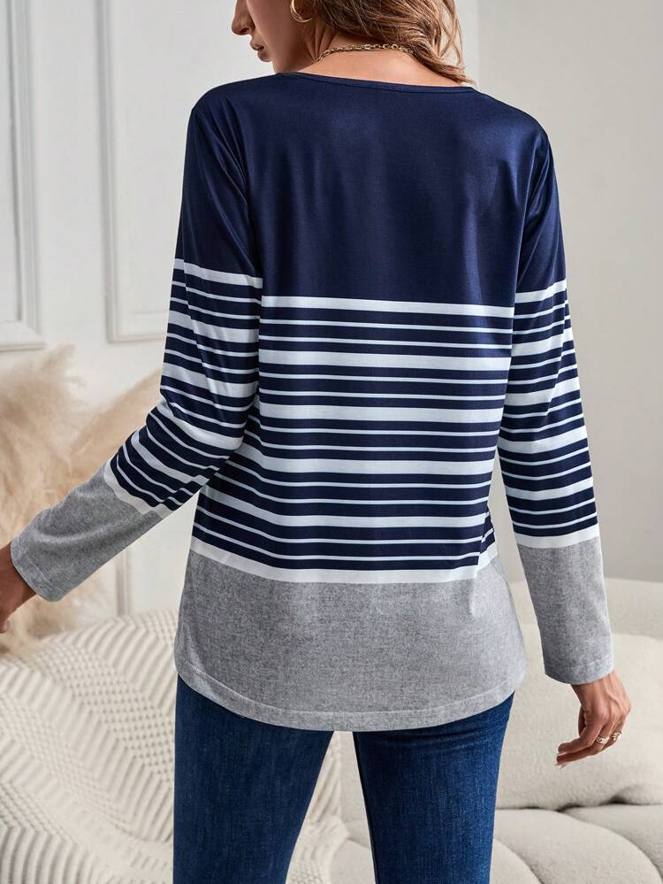 Women's Striped Patchwork Pattern Round Neck Long Sleeve Graphic Tees Women