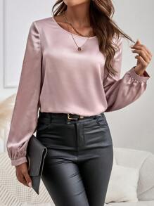 EMERY ROSE Women's Elegant Commuter Style Round Neck Long Sleeve Shirt
