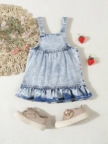 Baby Girl's Buttoned Denim Dress With Wide Straps, Strawberry Pattern, Ruffled Sleeveless Design, Casual, Comfortable - Light Wash - View 6