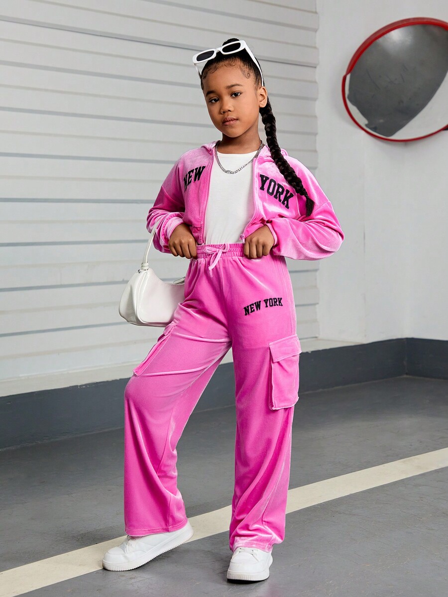 Tween Girl's Solid Hot Pink Drop Shoulder Letter Embroidered Long