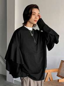 FRIFUL Women Spring Autumn Drop Shoulder Patchwork Ruffle Trim Casual Loose Solid Top Long Sleeve - Black - View 6