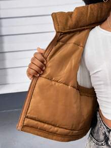 SHEIN Tween 女童纯色立领无袖加垫背心，适合秋冬季休闲穿着 - 棕色 - 查看 7