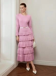 MOTF PREMIUM 纯色喇叭袖层叠荷叶边下摆连衣裙（无腰带） - 粉色 - 查看 6