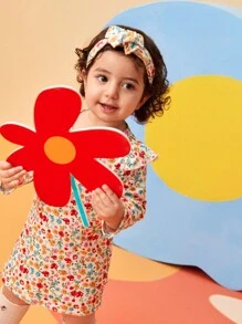 SHEIN 女婴花卉印花长袖连衣裙带头带，秋冬季温暖舒适的休闲连衣裙 - 黃色 - 查看 4