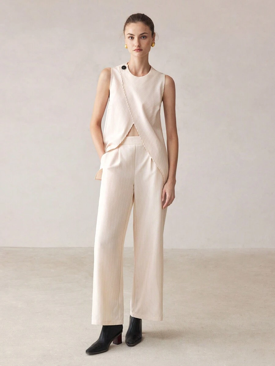 BizChic Setelan Jas Wanita Tanpa Lengan Model Wrap untuk Bisnis (2 potong) - Aprikot - View 1