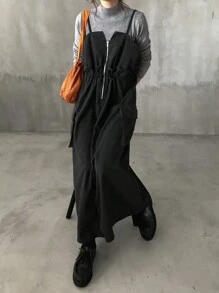 FRIFUL Women Solid Color Zip Up Pocket Strap Sleeveless Dress - Grey - View 8