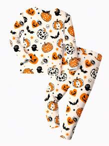SHEIN Young Boy Snug Fit Casual Simple Halloween Pumpkin & Ghost Pattern Print Thermal Lined Long Sleeve Top And Long Pants Pajama Loungewear For Fall/Winter