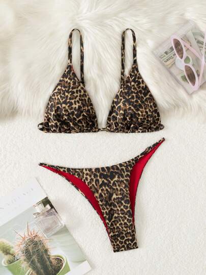 مجموعة ملابس السباحة المنقطة بنمط النمر للنساء قطعتين، لاستخدام في العطلات والشاطئ، طقم بكيني منقط بنمط النمر لفصل الصيف