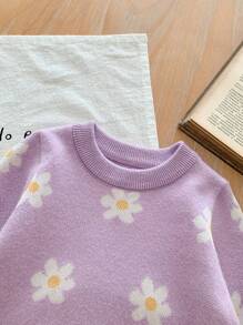 SHEIN LMoss Kids LMoss 女婴可爱百搭紫色花卉图案长袖毛衣，秋冬款 - 綠色 - 查看 3
