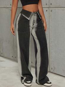 Y2K Retro High Waist Flared Pockets Straight Leg Contrast Color Jeans Spring Casual Black - Black - View 6