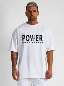 Manfinity Fitness Boyfriend Style Men's Round Neck Short Sleeve Letter Print Casual Sports T-Shirt Workout Tops Gym Top Breathable