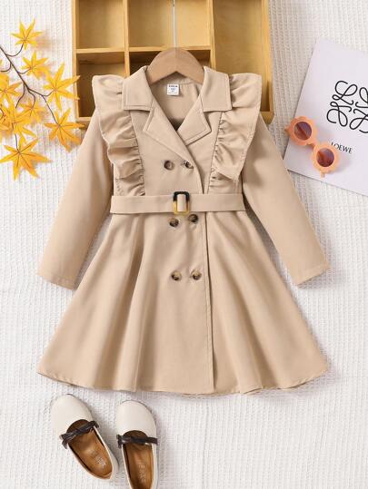 SHEIN Young Girl Solid Color Lapel Flounce Casual Long Trench Coat,In Fall/Winter