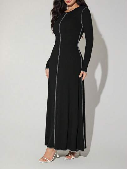 Veilorie Women's Long Sleeve Round Neck Elegant Extra Long Dress, Spring/Summer Modest