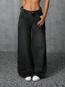 SHEIN ICON 女士宽松口袋阔腿休闲百搭牛仔裤