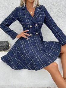 Chiquease Vestido corto de manga larga a cuadros con botones delanteros, uso diario casual - Azul - Ver 6