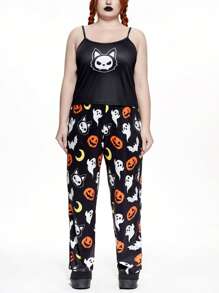 ROMWE 大码女式万圣节可爱黑猫、南瓜、幽灵、蝙蝠和月亮印花吊带背心和裤子睡衣睡衣套装 - 彩色 - 查看 5