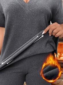 Calvaya Bộ áo phông rộng cổ chữ V thanh lịch và quần legging bó sát cỡ lớn - Màu xám đen - Xem 8