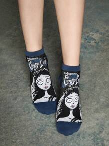 Corpse Bride X SHEIN 2pcs/Set Women Comfy Cartoon Design Ankle Socks,Lover In Wedding, Gifts For Valentine's Day,Valentine's Day