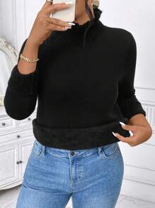 Calvaya Plus Size Women Solid Color Ruffle Collar Mock Neck Thermal Lined Thick Fitted Long Sleeve Sweater - Black - View 4
