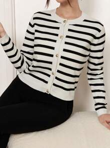Mulvari Women Striped Print Button Front Cardigan - Black and White - View 1