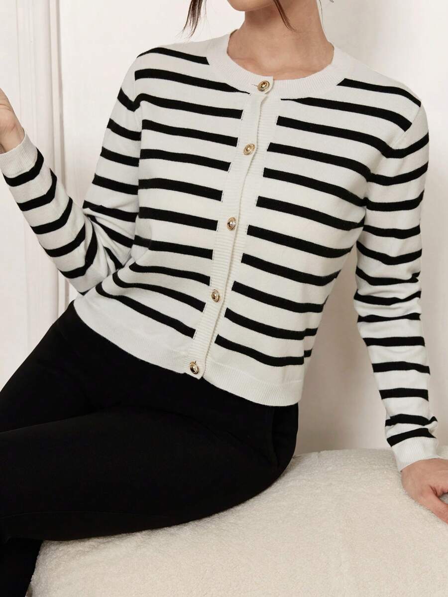 Mulvari Women Striped Print Button Front Cardigan - Black and White - View 1